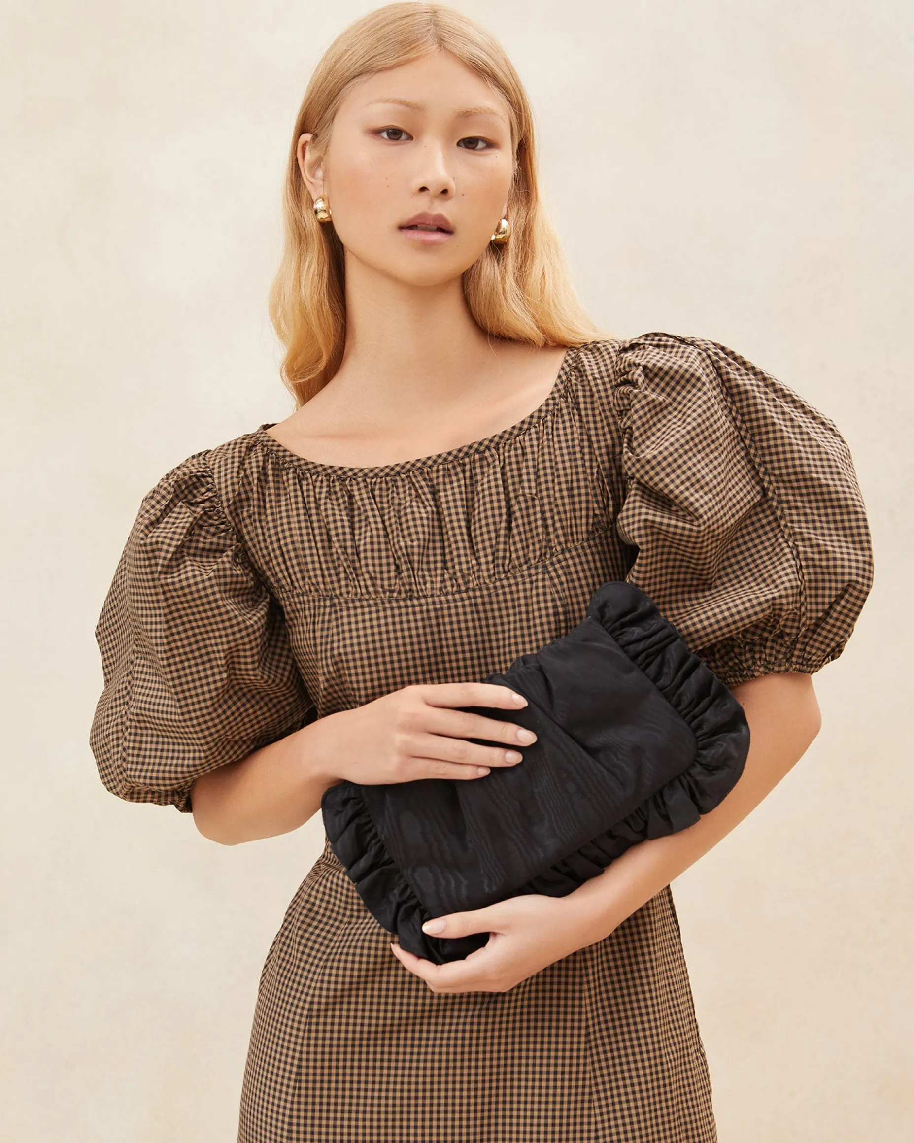 Mavis Vanilla Moiré Ruffle Clutch