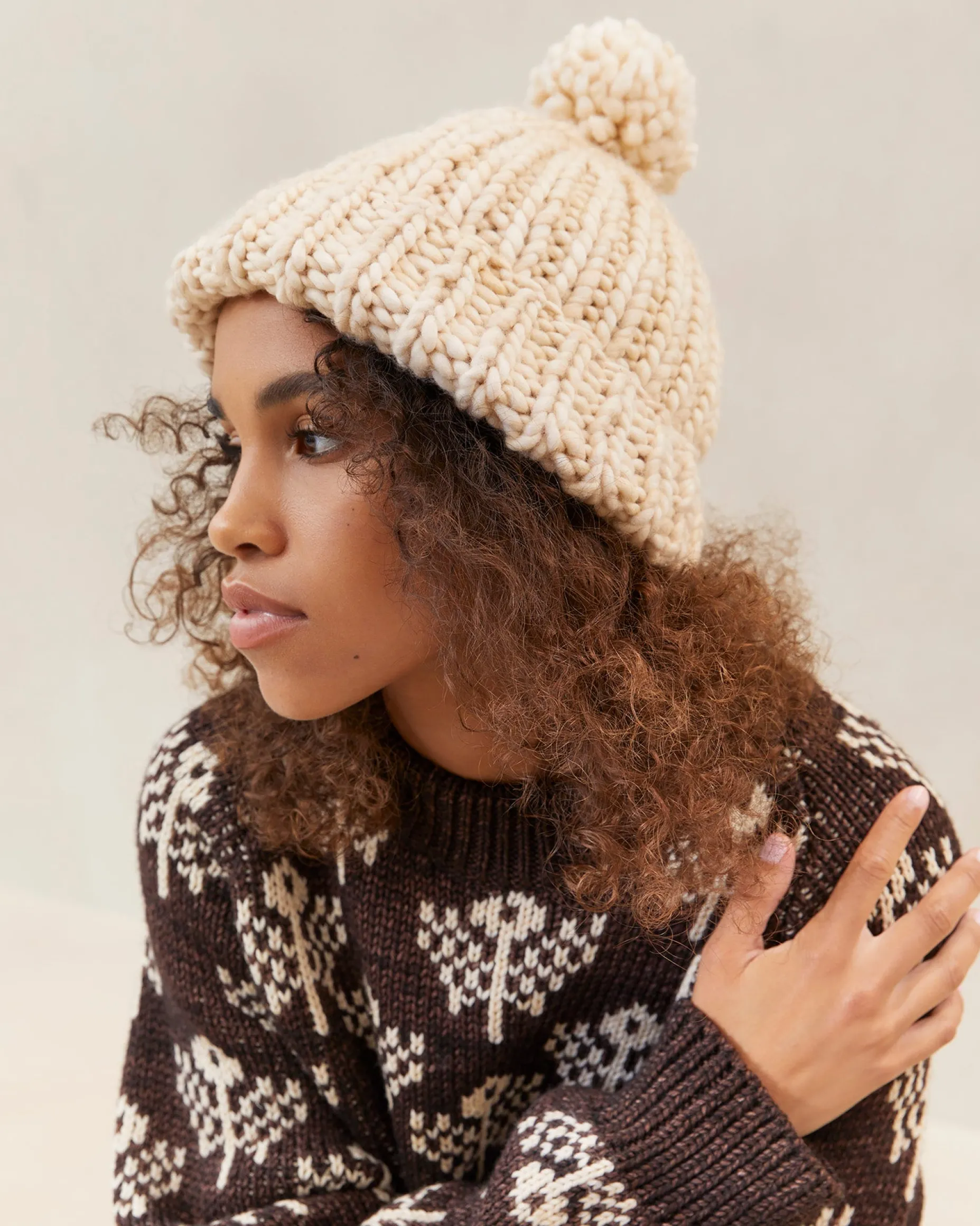 Ava Cream Knit Pompom Hat