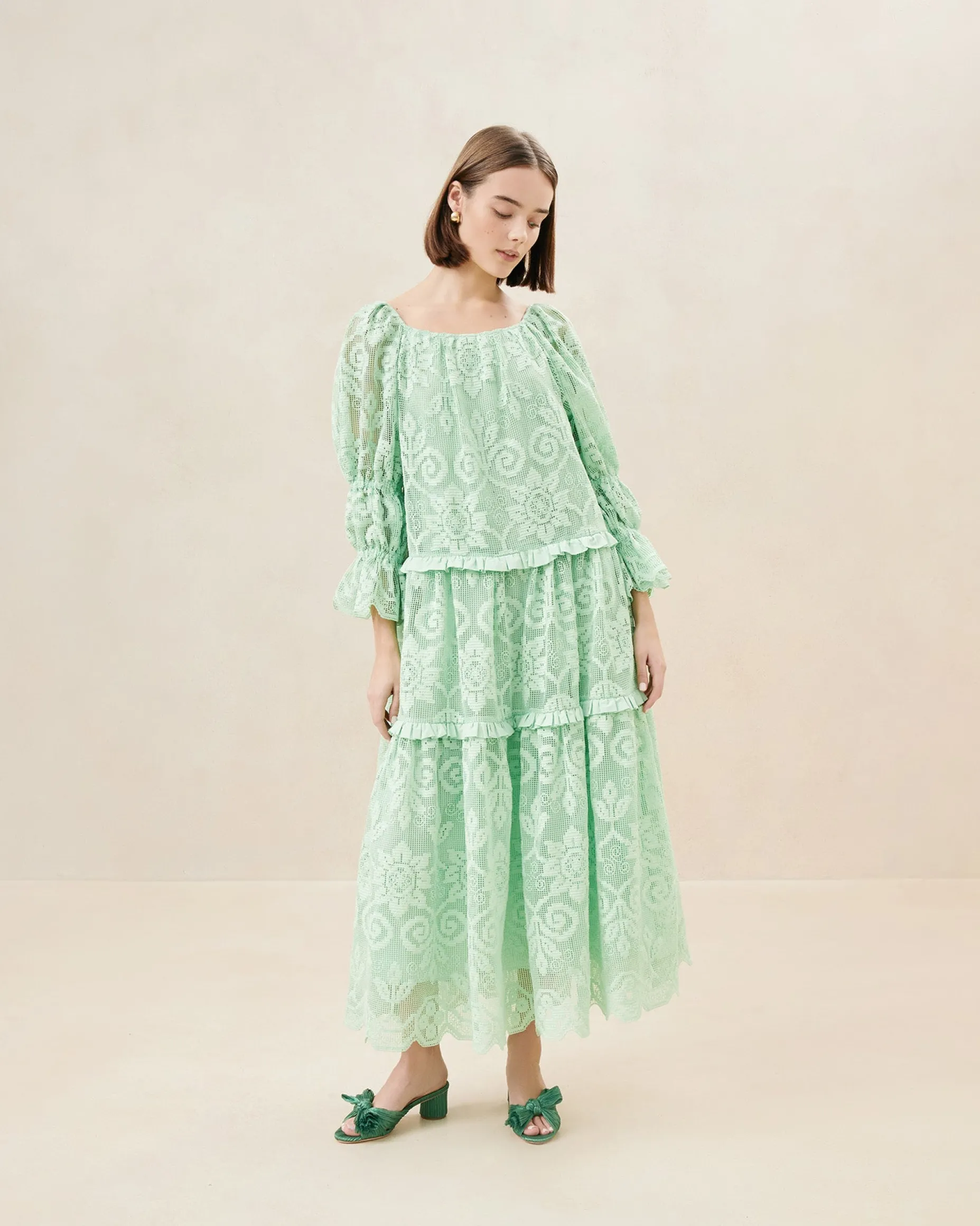 Antoinette Sage Tiered Lace Dress