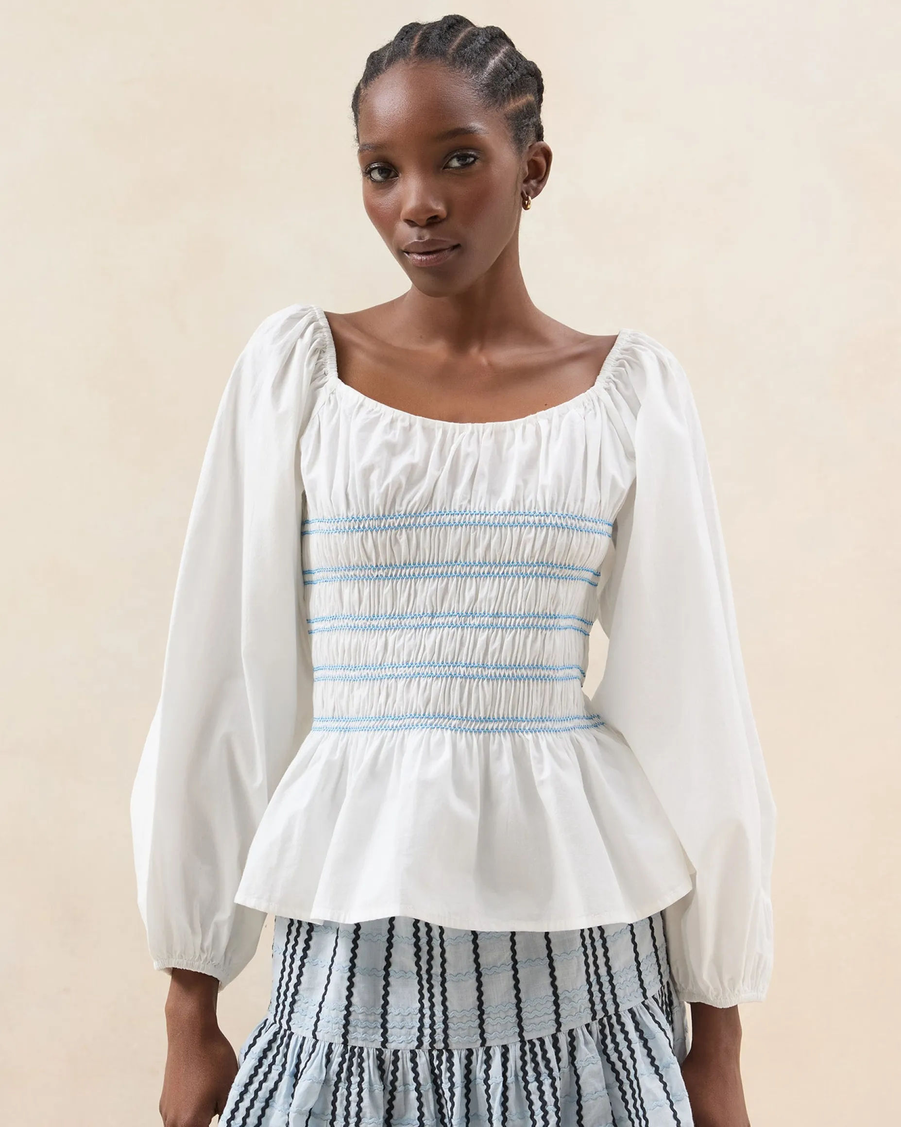 Julietta White Gathered Cotton Top